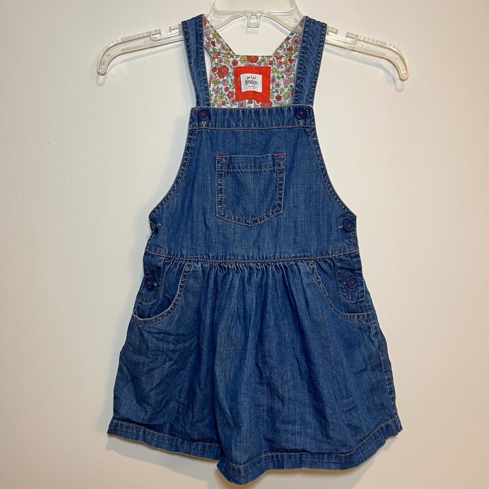 Mini Boden Dress Pinafore Overall Bibs Blue Denim Chambray Cotton Size 6-7Y